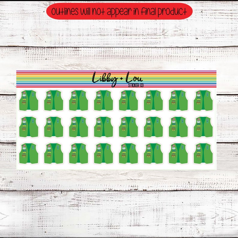 Puede incluir: Hoja de pegatinas con chalecos verdes con insignias. Las pegatinas tienen un fondo blanco y una franja de arco&iacute;ris en la parte superior con el texto "Libby + Lou STICKER CO." Los contornos no aparecer&aacute;n en el producto final.