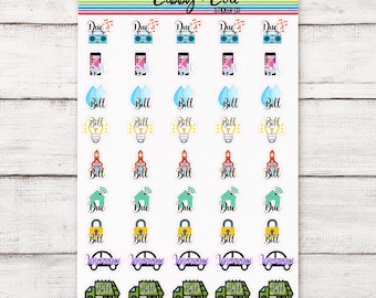 May include: A sticker sheet featuring rows of small icons with text labels including Due, Bill, and Insurance. The icons depict boomboxes, phones, water drops, light bulbs, school buildings, houses with Wi-Fi, locks, cars, and trucks. The header reads Libby + Lou.