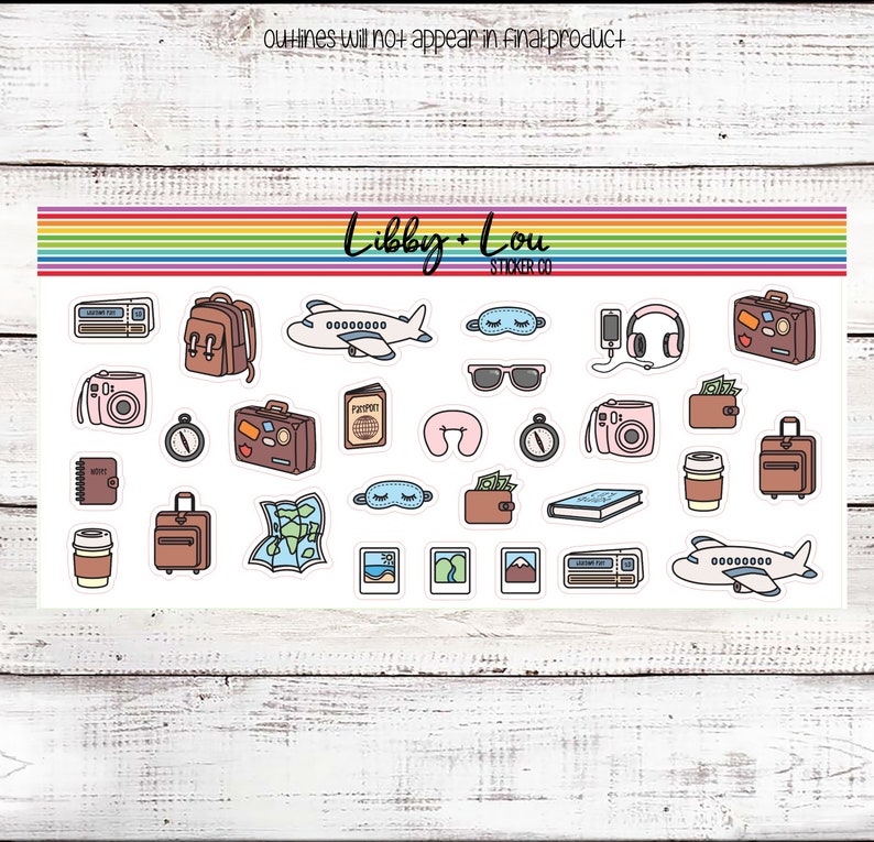 May include: A sheet of travel themed stickers featuring a variety of items including a passport, airplane, luggage, sunglasses, a camera, a neck pillow, and a compass. The stickers are white with black outlines and colorful accents.