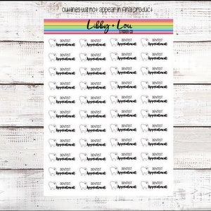 May include: A sheet of 36 white stickers with a tooth graphic and the text "Dentist Appointment" in black. The tooth graphic has a small pink heart inside.