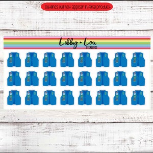 Puede incluir: Hoja de pegatinas con dise&ntilde;os de chalecos azules con el texto "IDEC" y un peque&ntilde;o gr&aacute;fico de mu&ntilde;eco de nieve. Las pegatinas est&aacute;n dispuestas sobre un fondo blanco con una franja de arco&iacute;ris y el texto "Libby + Lou".