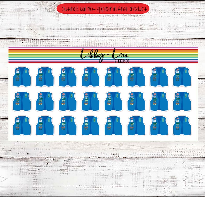 Puede incluir: Hoja de pegatinas con dise&ntilde;os de chalecos azules con el texto "IDEC" y un peque&ntilde;o gr&aacute;fico de mu&ntilde;eco de nieve. Las pegatinas est&aacute;n dispuestas sobre un fondo blanco con una franja de arco&iacute;ris y el texto "Libby + Lou".