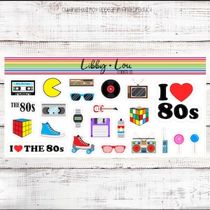 May include: A set of 18 80s themed stickers featuring a variety of iconic symbols from the decade, including a cassette tape, Pac-Man, sunglasses, a record player, a television, a Rubik's Cube, roller skates, a boombox, and a lollipop. The stickers are printed on white paper and have a glossy finish.