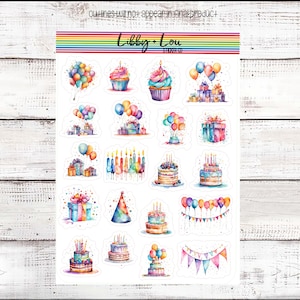 May include: A sheet of colorful birthday party stickers featuring watercolor illustrations of cupcakes, presents, balloons, candles, and cakes. The stickers are on a white background and have the text "Libby + Lou Sticker Set" at the top.