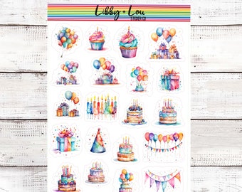 Stickers aquarelle joyeux anniversaire pour agenda | Stickers décoratifs | autocollant arc-en-ciel | Libby et Lou Sticker Co