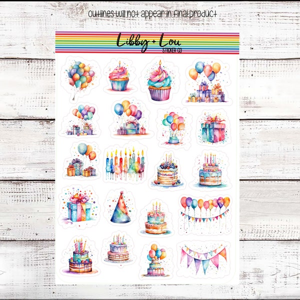 Watercolor Happy Birthday Planner Stickers | Decorative Stickers | Rainbow Sticker | Libby and Lou Sticker Co