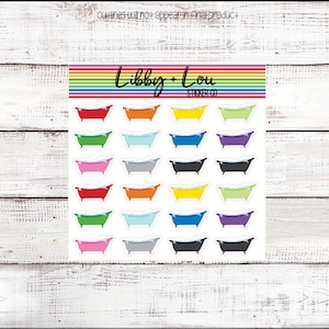 May include: A sheet of stickers featuring 20 bathtub illustrations in various colors, including red, orange, yellow, green, blue, purple, pink, gray, and black. The stickers are arranged in four rows of five. The text "Libby + Lou Sticker Co." is at the top of the sheet.