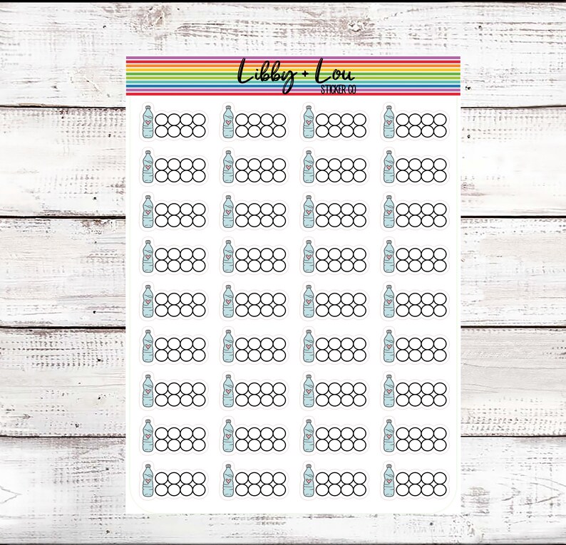 May include: A sheet of stickers with 10 rows of water bottle tracker stickers. Each sticker has a small cartoon water bottle and 7 circles to color in to track water intake.