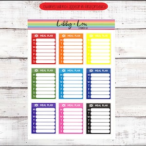 May include: Nine colorful weekly meal planner stickers with the text "Meal Plan" and the days of the week: Monday, Tuesday, Wednesday, Thursday, Friday, Saturday, Sunday.