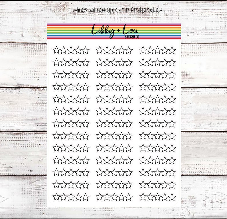 K&ouml;nnte beinhalten: Ein Blatt wei&szlig;es Papier mit 30 Reihen von f&uuml;nf schwarzen Sternumrissen. Das Papier hat einen Regenbogenrand und den Text "Libby + Lou Sticker Co." oben.