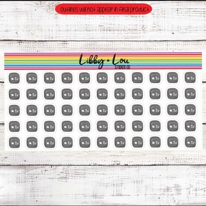May include: A sheet of 64 gray and white TV icon stickers. The stickers are arranged in an 8x8 grid. The text "Libby + Lou Sticker Co." is printed at the top of the sheet.