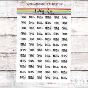 May include: A sheet of clear sticker paper with 36 black and white "notes" stickers. The stickers are arranged in 6 rows of 6 stickers each.