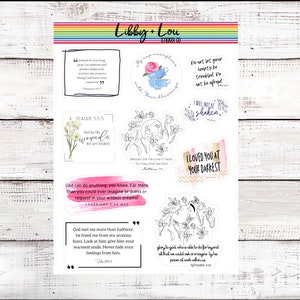 May include: A set of 10 colorful stickers with inspirational quotes and floral designs. The stickers feature bible verses and encouraging messages.