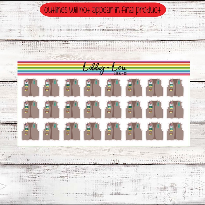 Puede incluir: Hoja de pegatinas con dise&ntilde;os de chalecos marrones de Girl Scout, cada uno con parches. Las pegatinas tienen una franja de arco&iacute;ris en la parte superior y el texto "Libby + Lou Sticker Co." Los contornos no aparecer&aacute;n en el producto final.