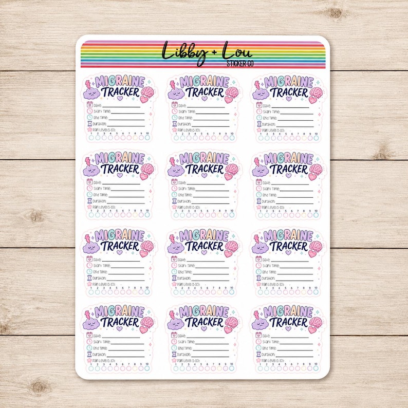 May include: A sheet of stickers with a rainbow border and the text "Libby + Lou Sticker Co." Each sticker is a migraine tracker with space to record symptoms. The stickers feature a brain and cloud graphic.