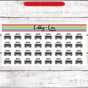 May include: A sheet of 36 black and white police car stickers. The stickers are approximately 1 inch in diameter and feature a simple design of a police car with a red and blue light on top.