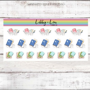 May include: A set of 15 planner stickers featuring colorful illustrations of notebooks, calendars, and moons with the text "planning time" and "plan next week".
