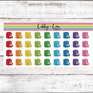 May include: A sheet of 36 colorful file folder stickers. The stickers are in a rainbow of colors, including red, orange, yellow, green, blue, purple, and pink. Each sticker features a cartoon file folder with two drawers.