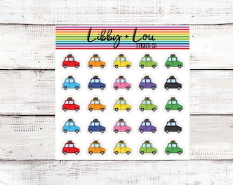 May include: A sheet of 24 colorful car stickers with luggage on top. The stickers are arranged in a grid of 6 rows and 4 columns. The cars are red, orange, yellow, green, blue, purple, and black. The text "Libby + Lou Sticker Co." is at the top of the sheet.