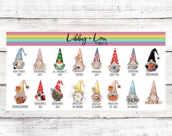 May include: A set of 16 gnome stickers featuring various holidays and events throughout the year. The stickers are white with colorful designs and text. The text includes "New Years Day", "Valentine's Day", "St. Patrick's Day", "Easter", "Memorial Day", "July 4th", "Veterans Day", "Halloween", "Thanksgiving", "Christmas Eve", "Christmas Day", "First Day of Spring", "First Day of Summer", "First Day of Fall", "First Day of Winter", and "Birthday".