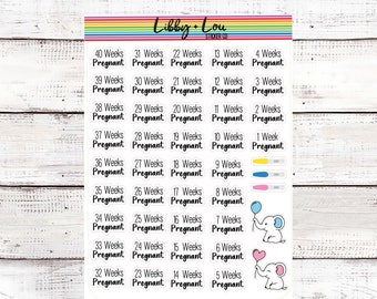 May include: A set of 40 pregnancy week stickers with a white background and black text. The stickers feature a cute elephant illustration and a pregnancy test graphic. The text on the stickers reads "Pregnant" and includes the number of weeks of pregnancy.