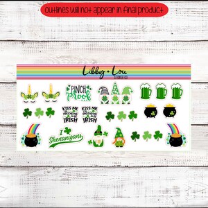 May include: A sheet of stickers featuring a variety of St. Patrick's Day themed designs, including gnomes, shamrocks, unicorns, beer mugs, pots of gold, and rainbows. The text on the stickers includes "Pinch me I'm pretending to be Irish", "Kiss me I'm pretending to be Irish", "Shenanigans", and "Pinch proof".