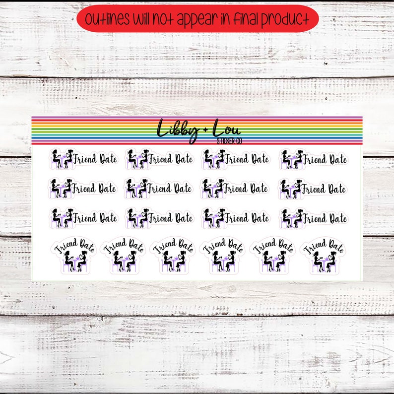 May include: A sheet of 12 stickers featuring a black and white illustration of two people getting their nails done. The stickers are white with black text that says "Friend Date".