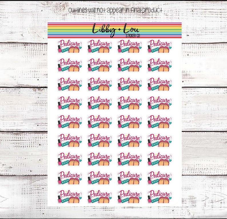 May include: A sticker sheet featuring thirty-two individual stickers with the text Pedicure in pink script. Each sticker displays a pink nail polish bottle, a teal nail file, and a pair of feet with pink toenails, accented by small stars and hearts.
