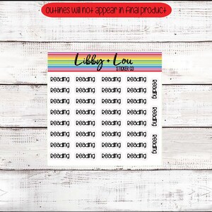 May include: A sheet of white stickers with a rainbow border. The stickers are rectangular and have the word "Reading" printed on them in black text. The sheet also includes a small sticker with the text "Libby + Lou Sticker Co."