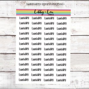May include: Sheet of laundry stickers with the word "Laundry" in a handwritten font. The stickers are white with black lettering. The top of the sheet has a rainbow stripe design and the text "Libby + Lou STICKER CO."