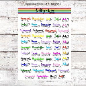 May include: A set of colorful planner stickers with checkboxes for tasks like homework, presentation, quiz, test, and lab. The stickers are labeled "Due Today" and feature the text "Libby + Lou Sticker Co."