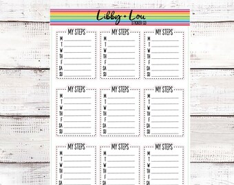May include: Nine white planner stickers with a black border and dotted lines. Each sticker has the text "My Steps" and a column for each day of the week: M, T, W, TH, F, SA, SU.