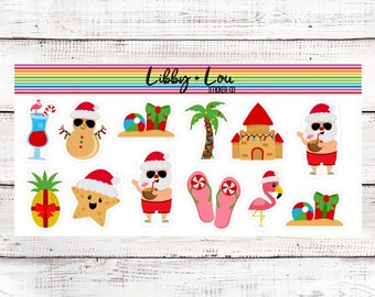 Tropical Christmas Planner Stickers | Decorative Sticker | Beach Christmas | Sand Snowman | Sunshine | Flamingo | Santa Claus | Presents