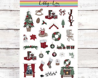 Christmas Plaid Planner Stickers | Decorative Sticker | Christmas Tree | Presents | Poinsettia | Stockings  Vertical Planner