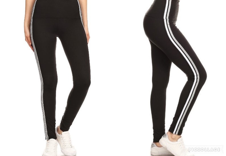 Solid Black Side Glitter Stripe Women/'s Leggings Spandex Leggings Women/'s Clothing Bottoms