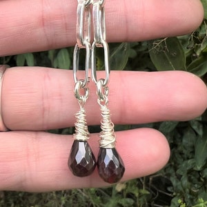 Handcrafted 925 Sterling silver dangle earrings with Garnet drops modern paper clip chain 3&quot; long drops