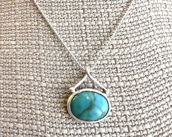 925 Sterling silver and Turquoise chain necklace 20" long modern pendant blue Turquoise handcrafted