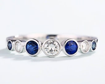 Classic Round Sapphire & Moissanite Wedding Band, Minimalist Alternating Stone Ring, September Birthstone Stacking Band