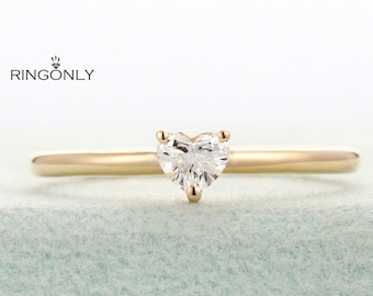 Minimalist Heart Diamond Solitaire Engagement Ring, Romantic Everyday Wear Jewelry, Dainty Gift For Her