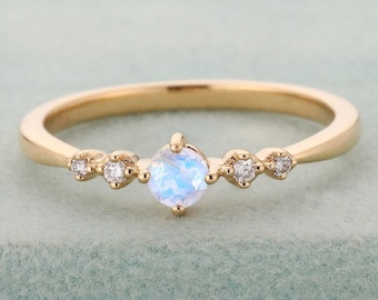 Minimalist Yellow Gold Moonstone Ring with Diamond, Delicate Stackable Promise Band, Celestial Gift Women