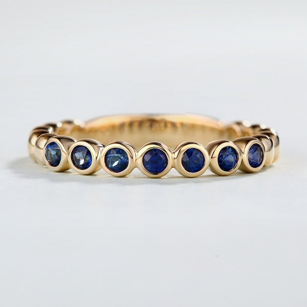 Unique Sapphire Wedding band Half Eternity band Simple Gem Bead ring bezel set Dainty September birthstone Jewelry Promise Matching band