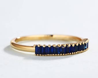 Sapphire wedding bands women yellow gold vintage ring Half eternity bands Stacking matching wedding band Unique anniversary ring Bridal ring