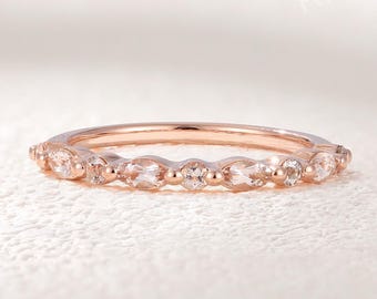 Marquise Morganite Wedding Band, White Gold Stacking Ring, Vintage Alternating Bubble Band, Women Gift