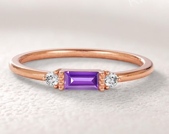 Dainty Baguette Amethyst Stacking Ring, Minimalist Moissanite Band, Elegant Purple Gemstone Promise Gift