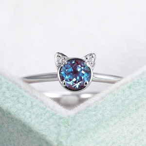 Sierlijke kat ring alexandriet verlovingsring-14K witgouden ring trouwring vrouwen, unieke dierensieraden, natuurlijke diamanten beloftering