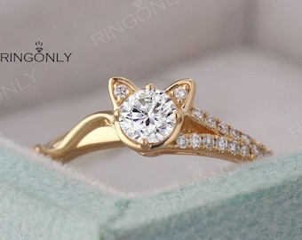 Anello di fidanzamento vintage con moissanite, anello Art déco in oro giallo a forma di gatto, regalo di anniversario.