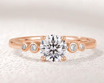 Round Brilliant Moissanite Engagement Ring, Dainty Rose Gold Gemstone Ring, Promise Gift for her