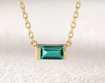 Minimalist Emerald Necklace, Gold Baguette Pendant, Dainty Everyday Jewelry, May Birthstone Gift for Her