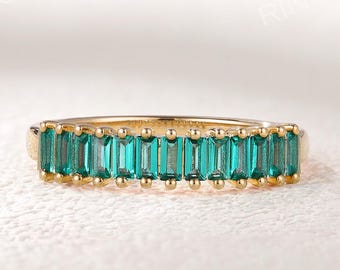 Baguette Emerald Half Eternity Band, Yellow Gold Stackable Wedding Ring, May Birthstone Anniversary Gift