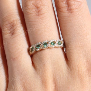 Vintage Emerald wedding band women yellow gold art deco ring Half eternity wedding band Twisted moissanite pave ring Anniversary bridal ring image 5